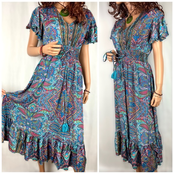 Paisley Print Half Butterfly Sleeves Midi Dress - Picture 5 of 14
